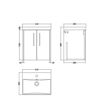 Hudson Reed Juno 500mm Wall Hung 2 Door Vanity & Basin 3 Contemp Autumn Oak MFC Textured Woodgrain 589x500x395mm - JJ Building Materials