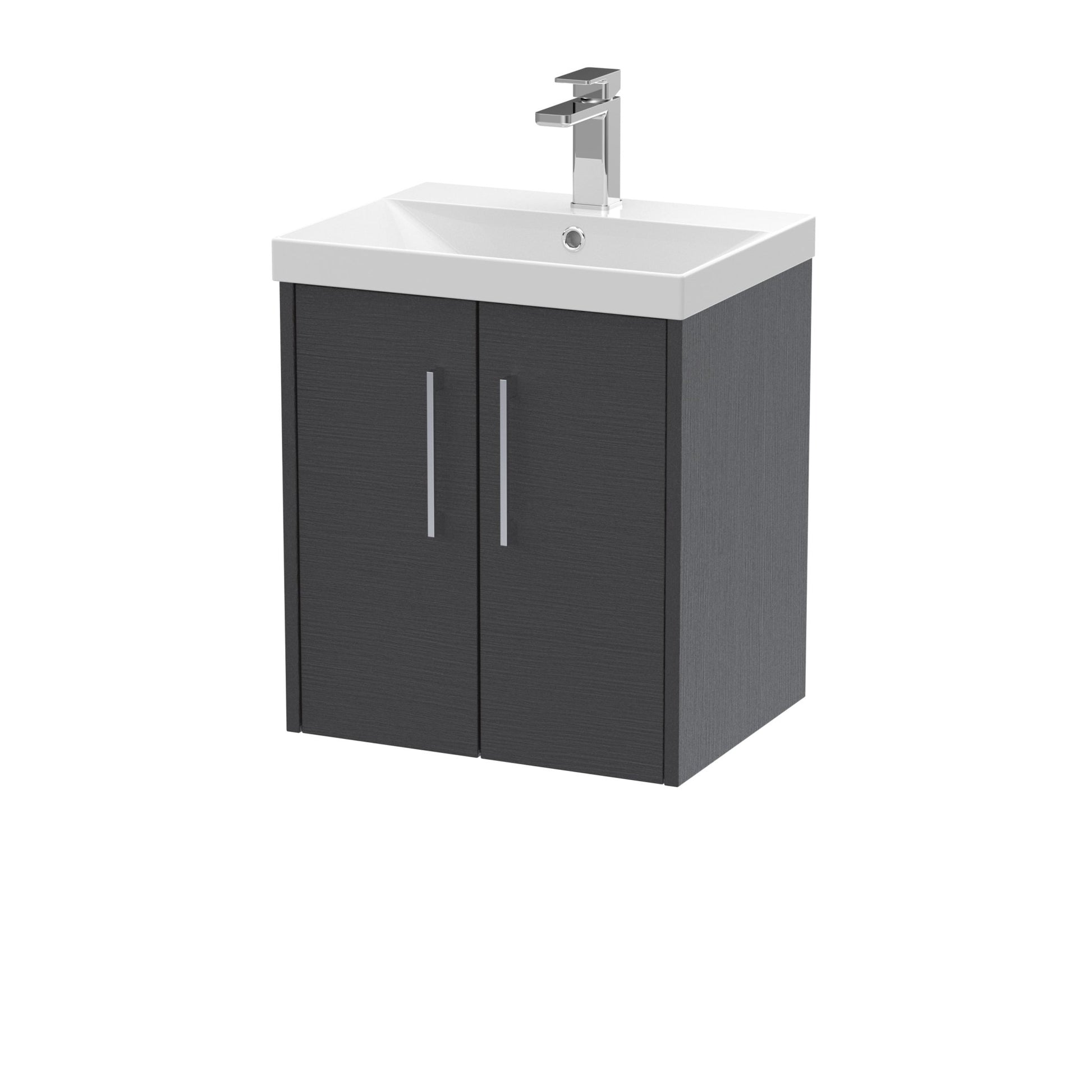 Hudson Reed Juno 500mm Wall Hung 2 Door Vanity & Basin 3 Contemp Graphite Grey Woodgrain MFC Textured Woodgrain 589x500x395mm - JJ Building Materials