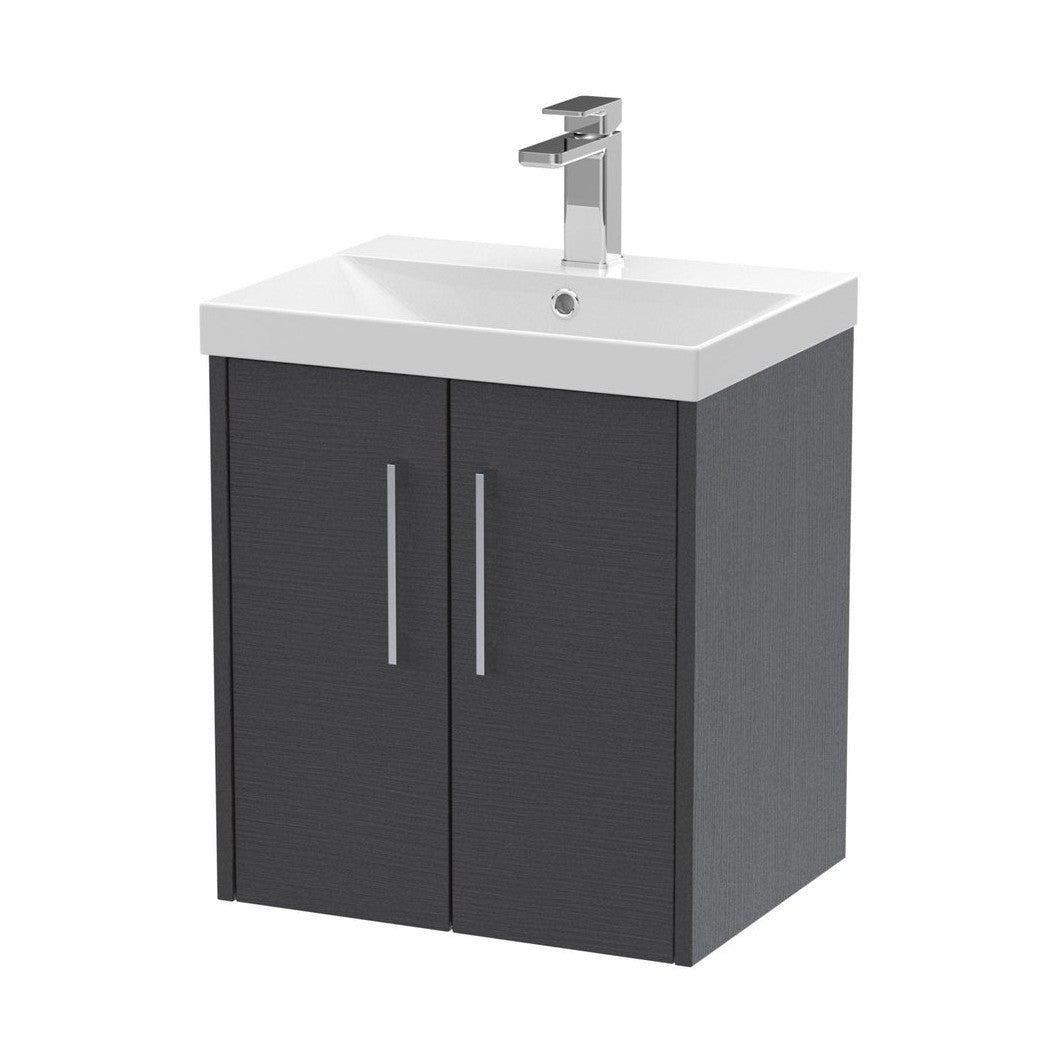 Hudson Reed Juno 500mm Wall Hung 2 Door Vanity & Basin 3 Contemp Graphite Grey Woodgrain MFC Textured Woodgrain 589x500x395mm - JJ Building Materials
