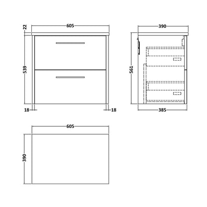 Hudson Reed Juno 600 Wall Hung 2-drawer Vanity & Laminate Worktop Contemp Coastal Grey MFC Smooth Matt 561x605x390mm - JJ Building Materials