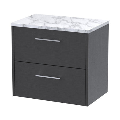 Hudson Reed Juno 600 Wall Hung 2-drawer Vanity & Laminate Worktop Contemp Graphite Grey Woodgrain MFC Textured Woodgrain 561x605x390mm - JJ Building Materials