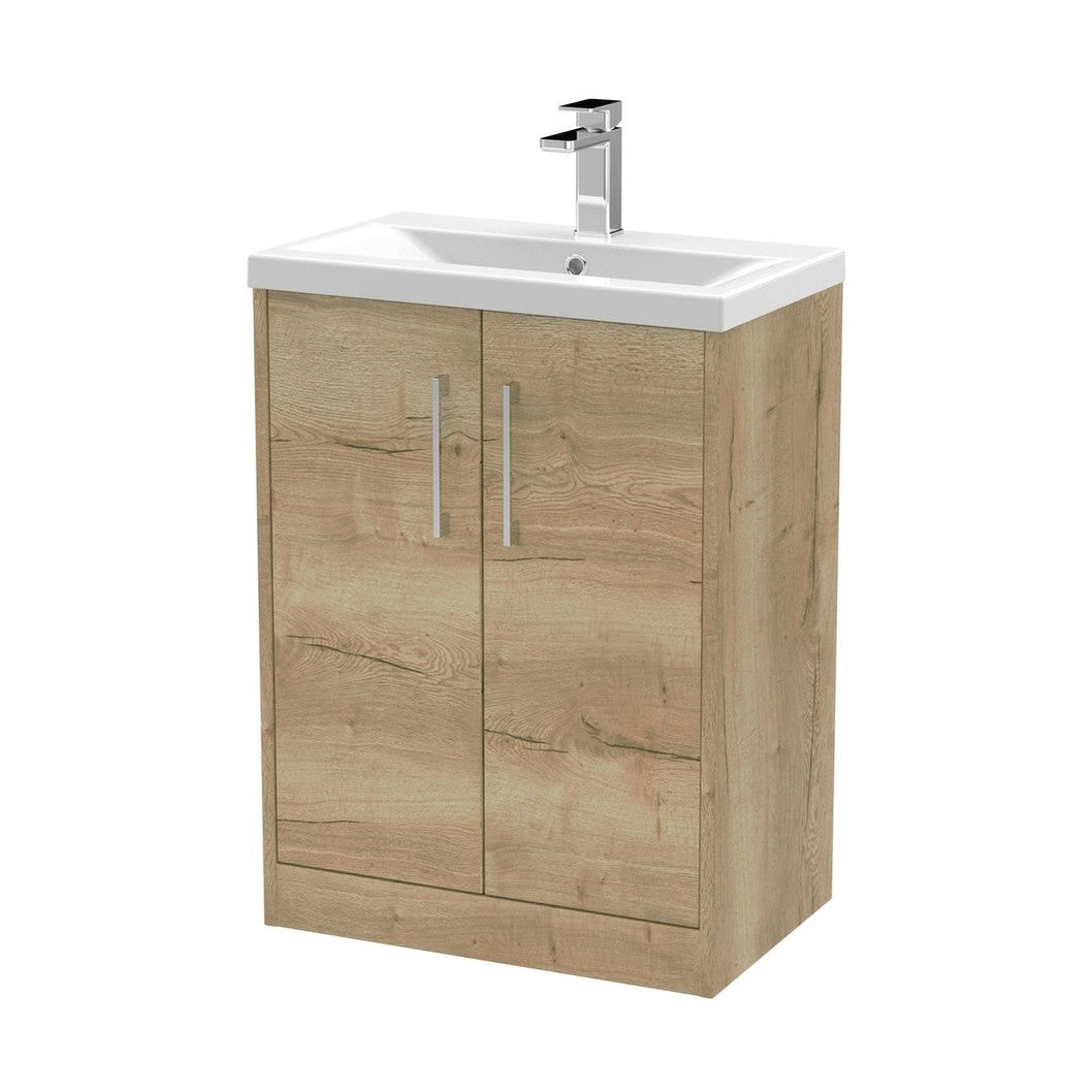 Hudson Reed Juno 600mm Floor Standing 2 Door Vanity & Basin 1 Contemp Autumn Oak MFC Textured Woodgrain 843x600x390mm - JJ Building Materials