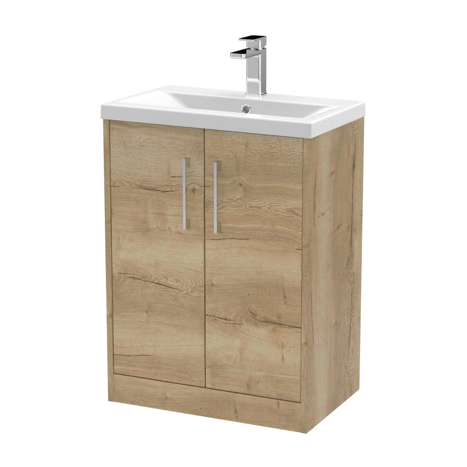 Hudson Reed Juno 600mm Floor Standing 2 Door Vanity & Basin 1 Contemp Autumn Oak MFC Textured Woodgrain 843x600x390mm - JJ Building Materials