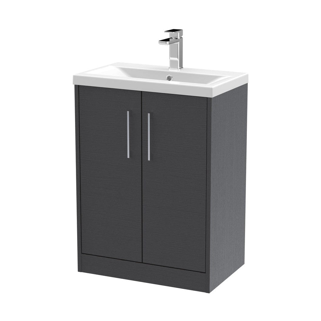 Hudson Reed Juno 600mm Floor Standing 2 Door Vanity & Basin 1 Contemp Graphite Grey Woodgrain MFC Textured Woodgrain 843x600x390mm - JJ Building Materials