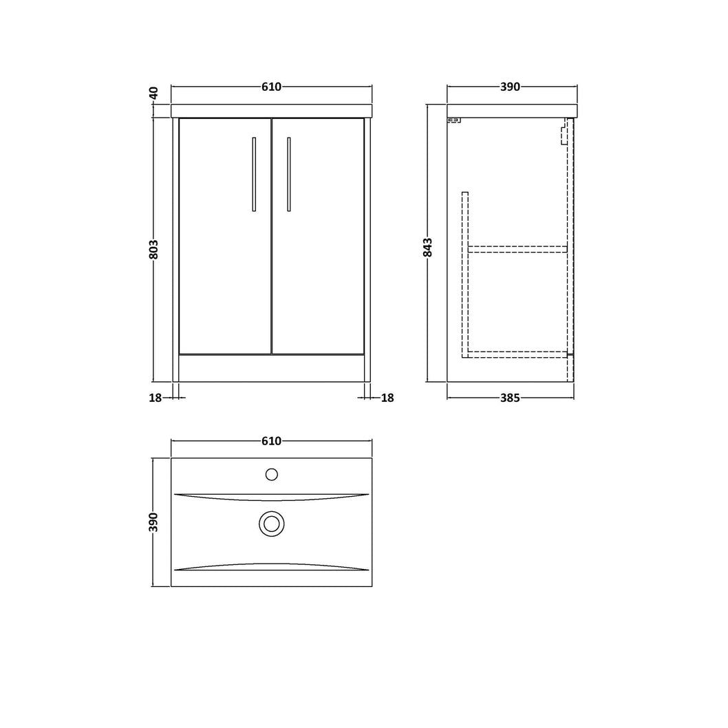Hudson Reed Juno 600mm Floor Standing 2 Door Vanity & Basin 1 Contemp Metallic Slate MFC Textured Matt 843x610x390mm - JJ Building Materials