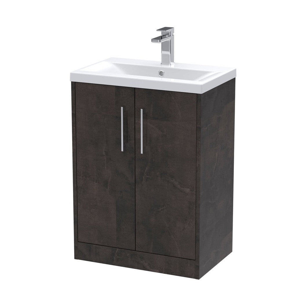Hudson Reed Juno 600mm Floor Standing 2 Door Vanity & Basin 1 Contemp Metallic Slate MFC Textured Matt 843x610x390mm - JJ Building Materials