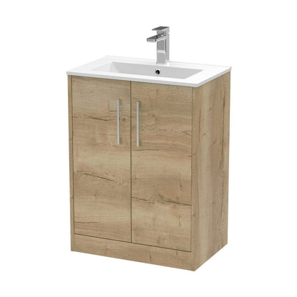 Hudson Reed Juno 600mm Floor Standing 2 Door Vanity & Basin 2 Contemp Autumn Oak MFC Textured Woodgrain 818x600x390mm - JJ Building Materials