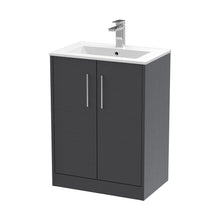 Hudson Reed Juno 600mm Floor Standing 2 Door Vanity & Basin 2 Contemp Graphite Grey Woodgrain MFC Textured Woodgrain 818x600x390mm - JJ Building Materials