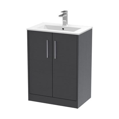 Hudson Reed Juno 600mm Floor Standing 2 Door Vanity & Basin 2 Contemp Graphite Grey Woodgrain MFC Textured Woodgrain 818x600x390mm - JJ Building Materials