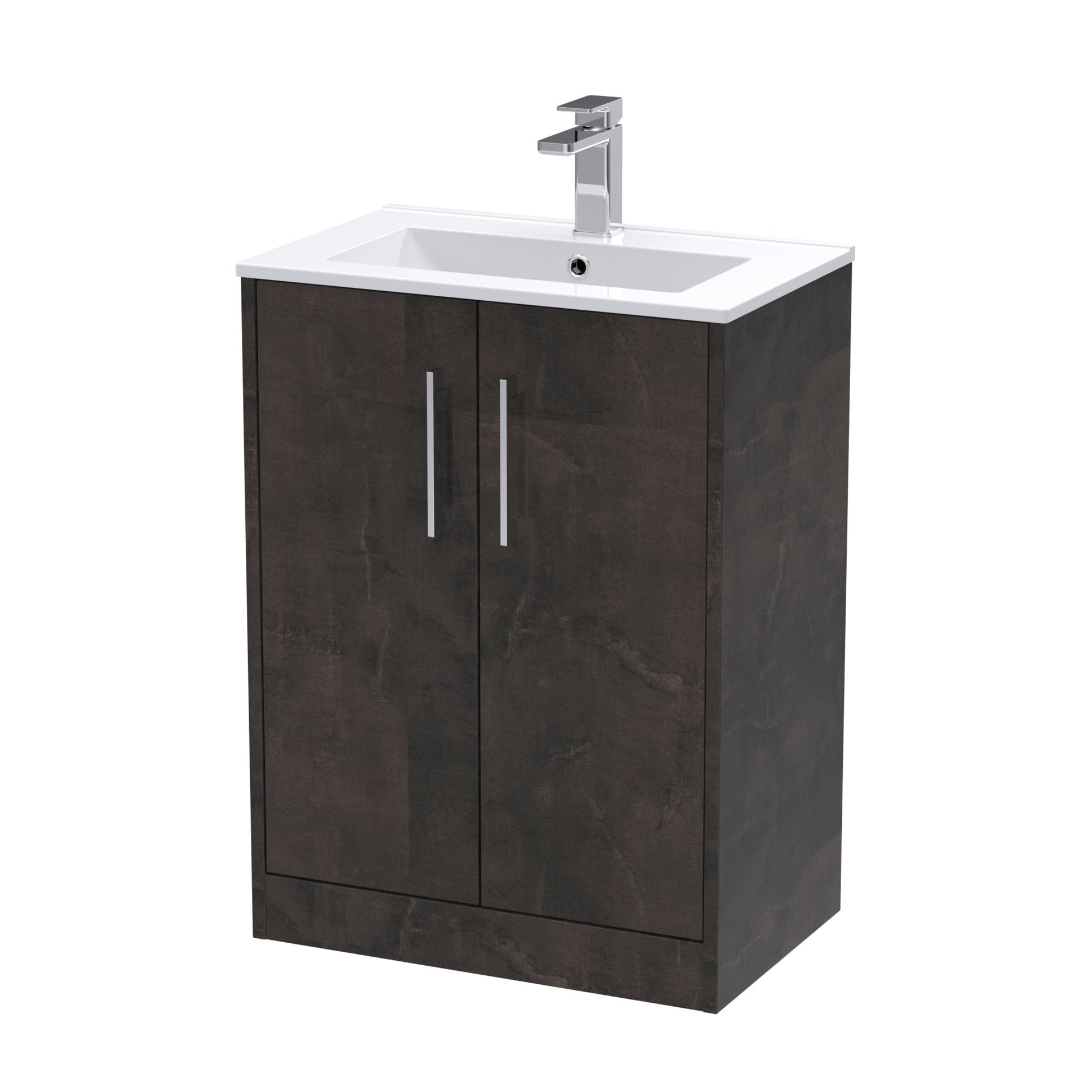 Hudson Reed Juno 600mm Floor Standing 2 Door Vanity & Basin 2 Contemp Metallic Slate MFC Textured Matt 821x600x390mm - JJ Building Materials