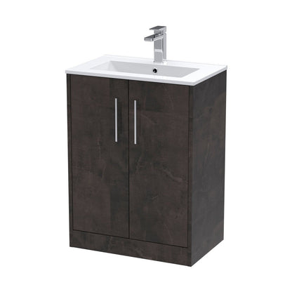 Hudson Reed Juno 600mm Floor Standing 2 Door Vanity & Basin 2 Contemp Metallic Slate MFC Textured Matt 821x600x390mm - JJ Building Materials