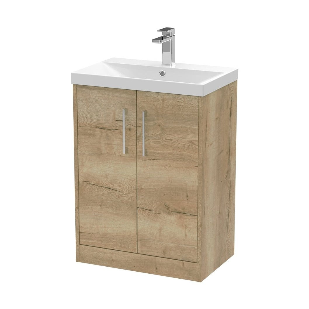 Hudson Reed Juno 600mm Floor Standing 2 Door Vanity & Basin 3 Contemp Autumn Oak MFC Textured Woodgrain 853x600x395mm - JJ Building Materials