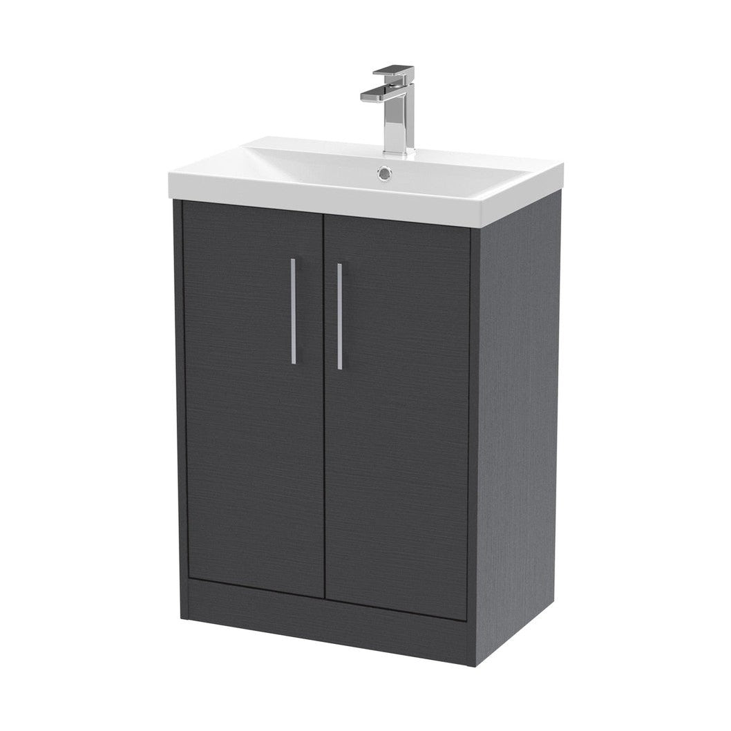 Hudson Reed Juno 600mm Floor Standing 2 Door Vanity & Basin 3 Contemp Graphite Grey Woodgrain MFC Textured Woodgrain 853x600x395mm - JJ Building Materials