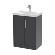 Hudson Reed Juno 600mm Floor Standing 2 Door Vanity & Basin 3 Contemp Graphite Grey Woodgrain MFC Textured Woodgrain 853x600x395mm - JJ Building Materials