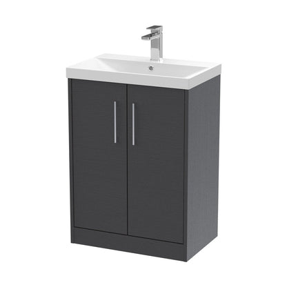Hudson Reed Juno 600mm Floor Standing 2 Door Vanity & Basin 3 Contemp Graphite Grey Woodgrain MFC Textured Woodgrain 853x600x395mm - JJ Building Materials