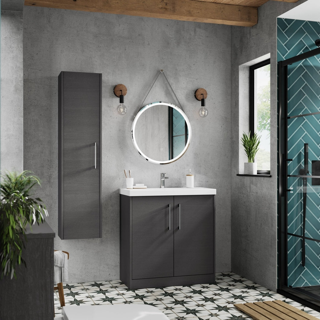 Hudson Reed Juno 600mm Floor Standing 2 Door Vanity & Basin 3 Contemp Graphite Grey Woodgrain MFC Textured Woodgrain 853x600x395mm - JJ Building Materials
