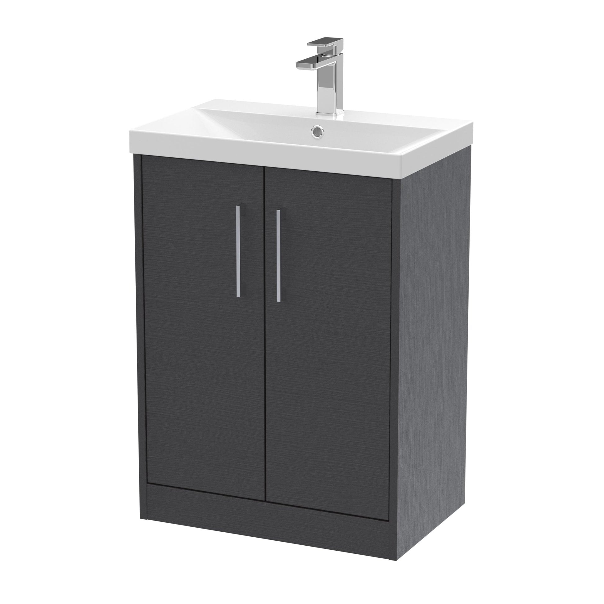 Hudson Reed Juno 600mm Floor Standing 2 Door Vanity & Basin 3 Contemp Graphite Grey Woodgrain MFC Textured Woodgrain 853x600x395mm - JJ Building Materials