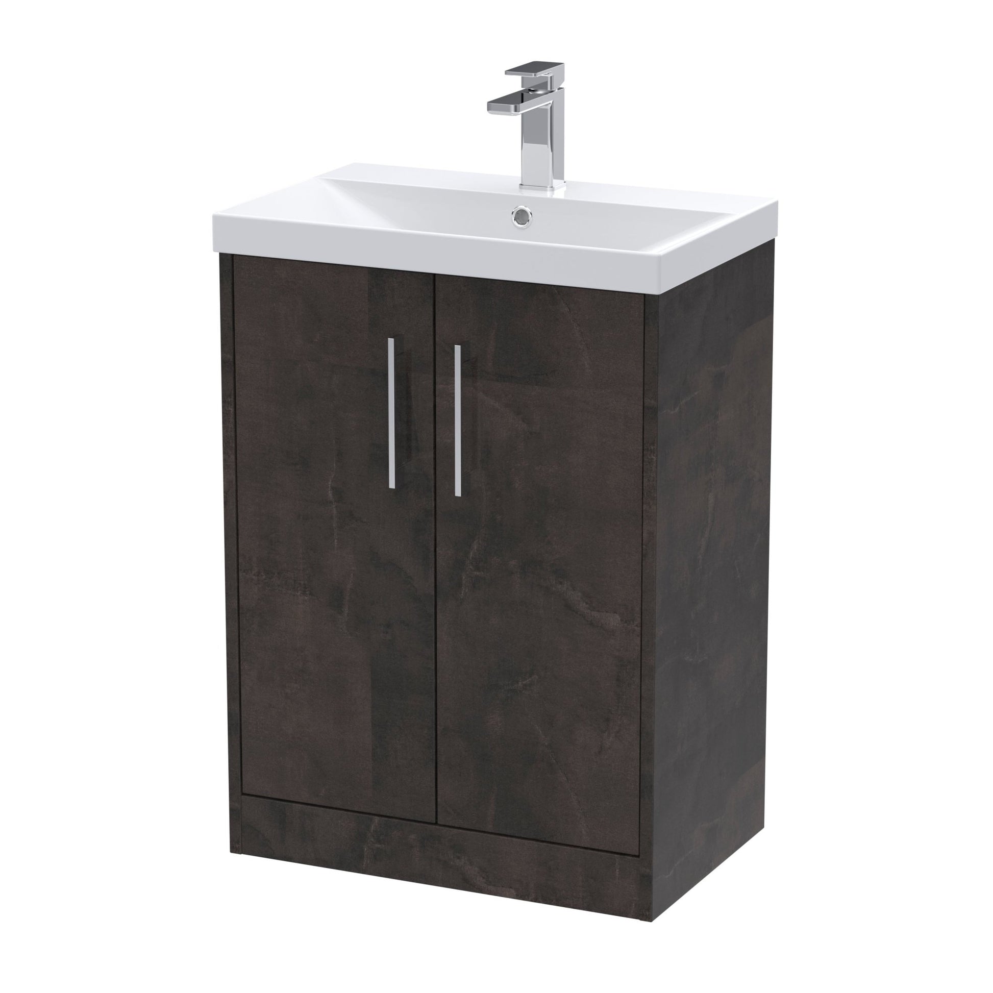 Hudson Reed Juno 600mm Floor Standing 2 Door Vanity & Basin 3 Contemp Metallic Slate MFC Textured Matt 853x610x395mm - JJ Building Materials