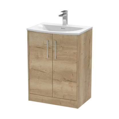 Hudson Reed Juno 600mm Floor Standing 2 Door Vanity & Basin 4 Contemp Autumn Oak MFC Textured Woodgrain 833x610x440mm - JJ Building Materials