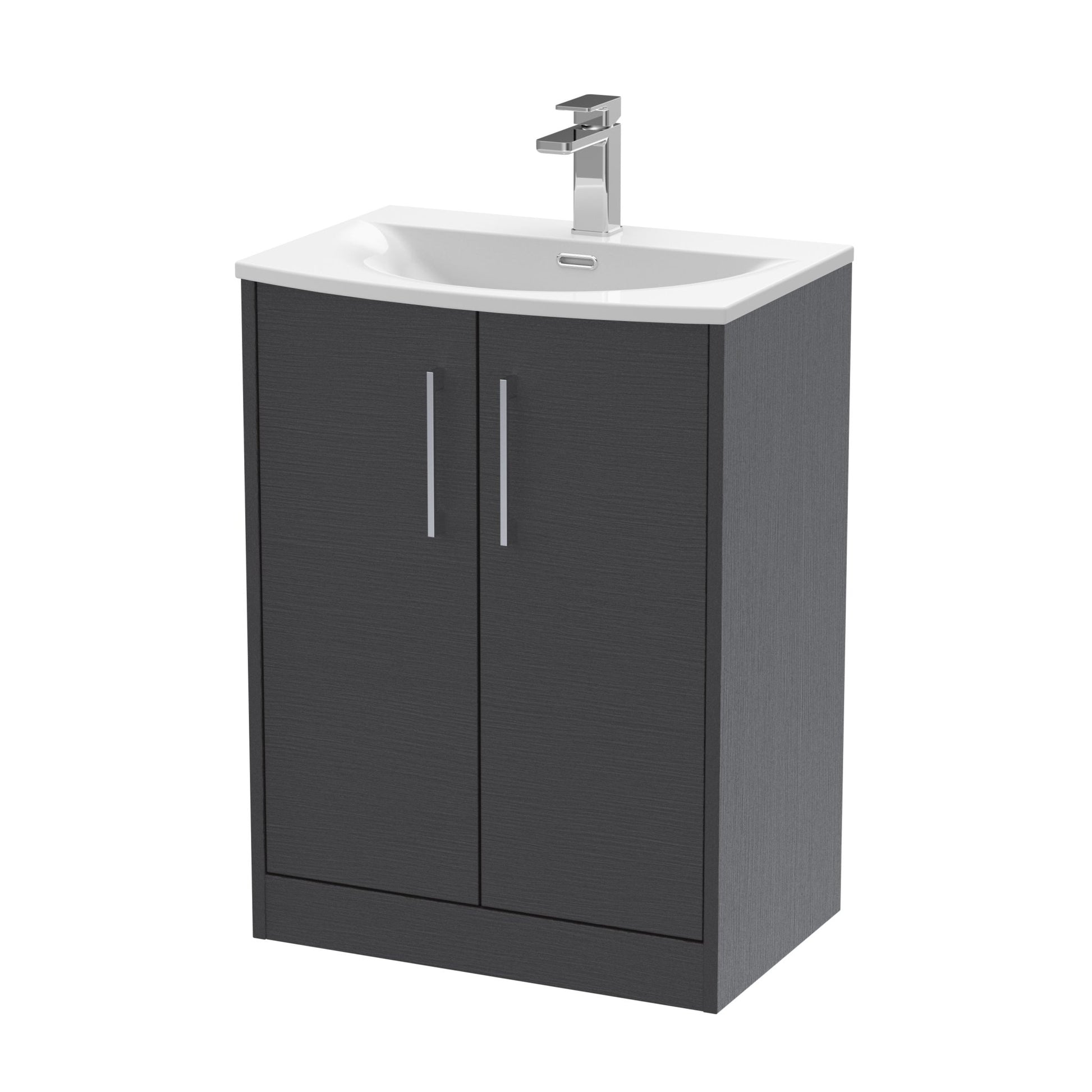 Hudson Reed Juno 600mm Floor Standing 2 Door Vanity & Basin 4 Contemp Graphite Grey Woodgrain MFC Textured Woodgrain 833x610x440mm - JJ Building Materials