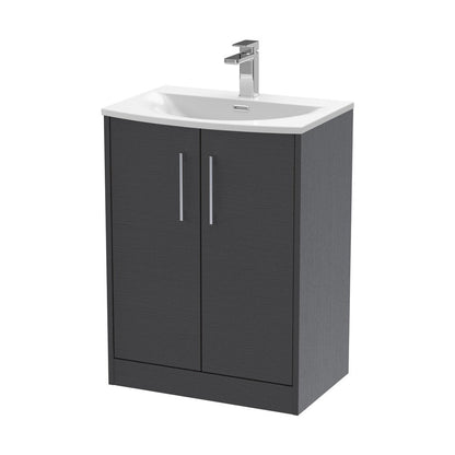 Hudson Reed Juno 600mm Floor Standing 2 Door Vanity & Basin 4 Contemp Graphite Grey Woodgrain MFC Textured Woodgrain 833x610x440mm - JJ Building Materials