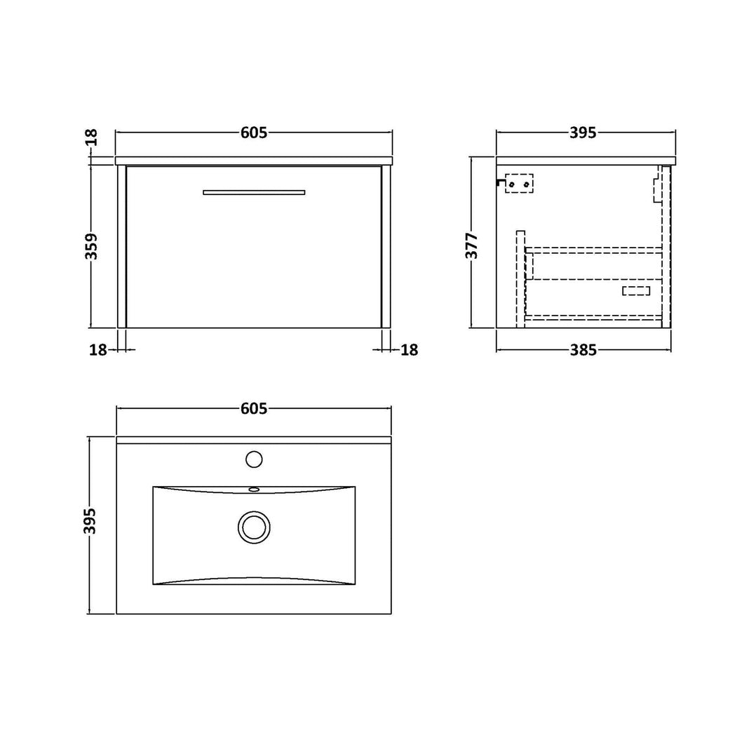 Hudson Reed Juno 600mm Wall Hung 1 Drawer Vanity & Basin 2 Contemp Metallic Slate MFC Textured Matt 377x600x390mm - JJ Building Materials