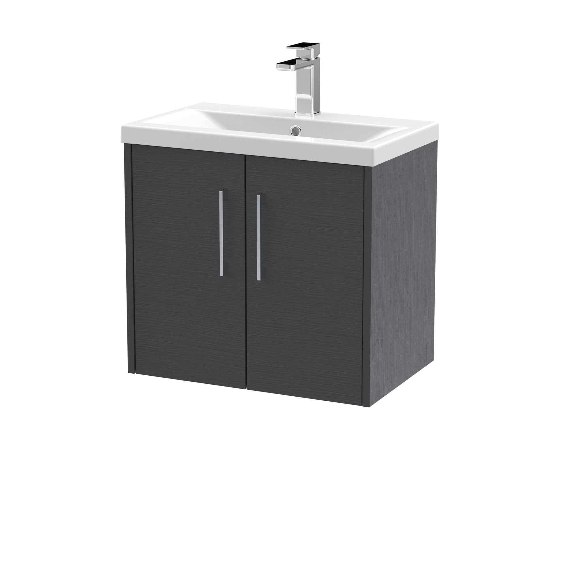 Hudson Reed Juno 600mm Wall Hung 2 Door Vanity & Basin 1 Contemp Graphite Grey Woodgrain MFC Textured Woodgrain 579x600x390mm - JJ Building Materials