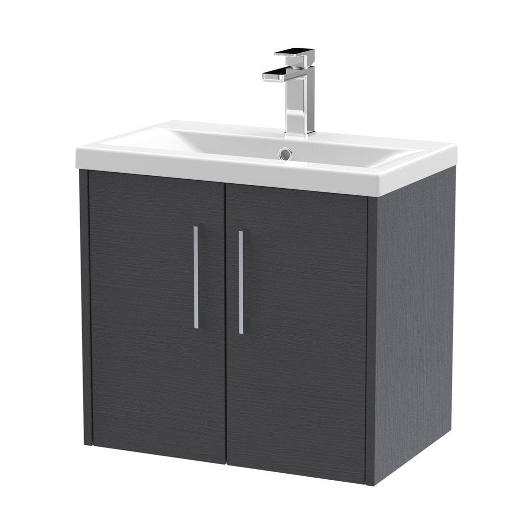 Hudson Reed Juno 600mm Wall Hung 2 Door Vanity & Basin 1 Contemp Graphite Grey Woodgrain MFC Textured Woodgrain 579x600x390mm - JJ Building Materials
