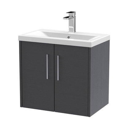 Hudson Reed Juno 600mm Wall Hung 2 Door Vanity & Basin 1 Contemp Graphite Grey Woodgrain MFC Textured Woodgrain 579x600x390mm - JJ Building Materials