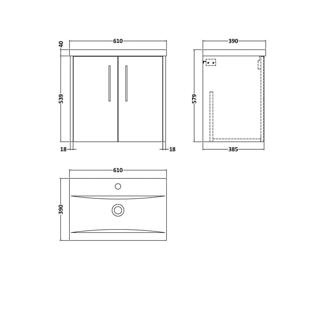 Hudson Reed Juno 600mm Wall Hung 2 Door Vanity & Basin 1 Contemp Graphite Grey Woodgrain MFC Textured Woodgrain 579x600x390mm - JJ Building Materials