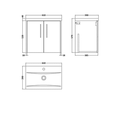 Hudson Reed Juno 600mm Wall Hung 2 Door Vanity & Basin 1 Contemp Graphite Grey Woodgrain MFC Textured Woodgrain 579x600x390mm - JJ Building Materials
