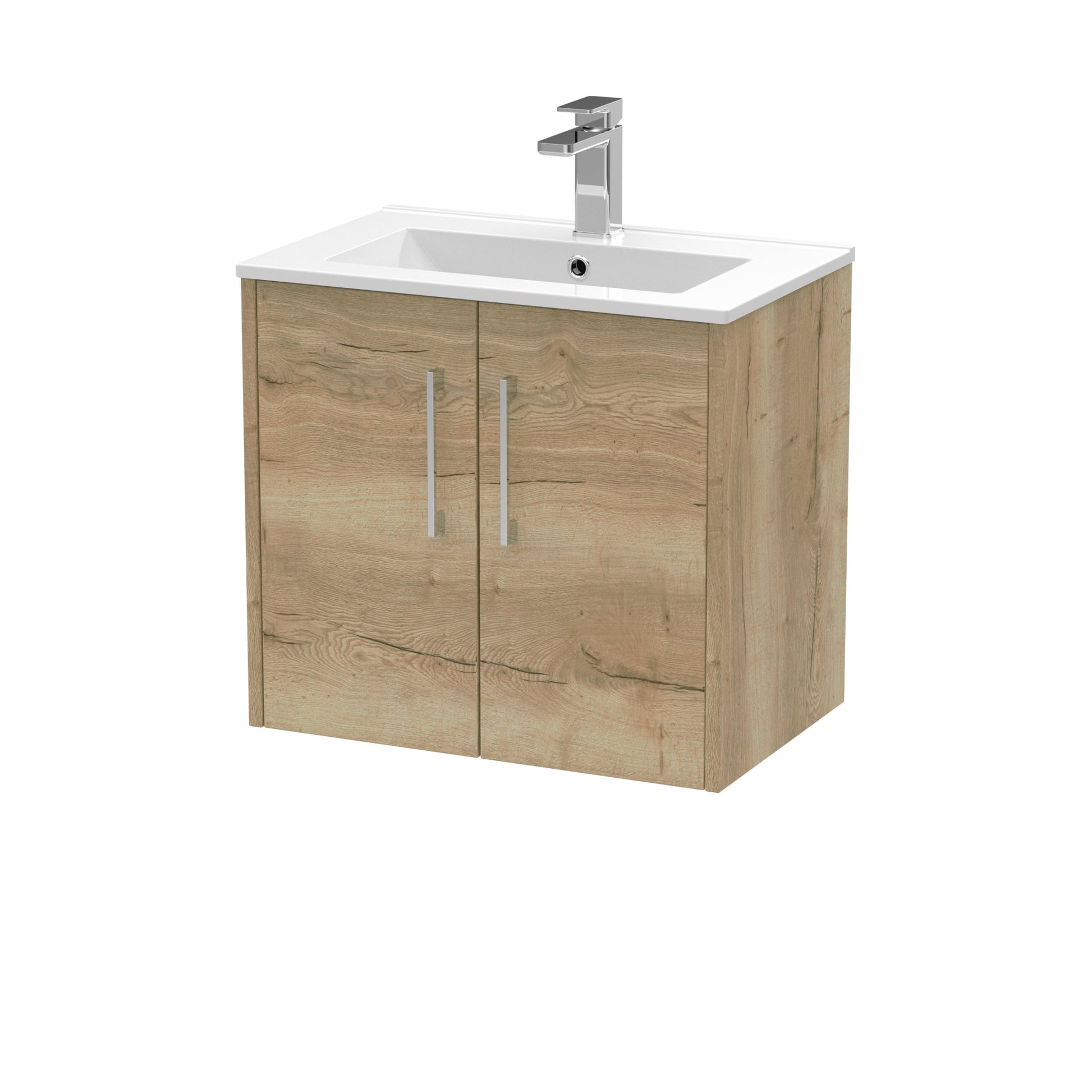 Hudson Reed Juno 600mm Wall Hung 2 Door Vanity & Basin 2 Contemp Autumn Oak MFC Textured Woodgrain 554x600x390mm - JJ Building Materials