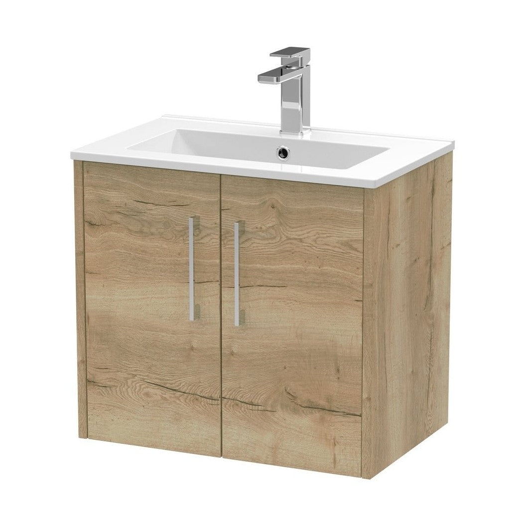 Hudson Reed Juno 600mm Wall Hung 2 Door Vanity & Basin 2 Contemp Autumn Oak MFC Textured Woodgrain 554x600x390mm - JJ Building Materials