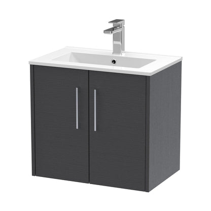 Hudson Reed Juno 600mm Wall Hung 2 Door Vanity & Basin 2 Contemp Graphite Grey Woodgrain MFC Textured Woodgrain 554x600x390mm - JJ Building Materials