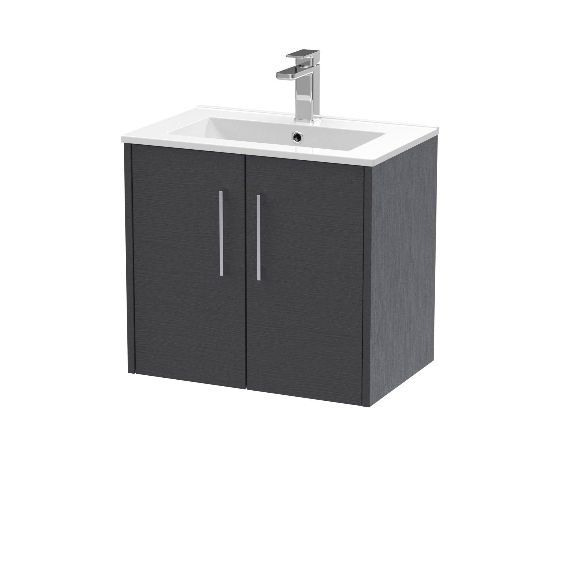 Hudson Reed Juno 600mm Wall Hung 2 Door Vanity & Basin 2 Contemp Graphite Grey Woodgrain MFC Textured Woodgrain 554x600x390mm - JJ Building Materials