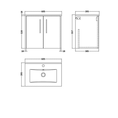 Hudson Reed Juno 600mm Wall Hung 2 Door Vanity & Basin 2 Contemp Metallic Slate MFC Textured Matt 557x600x390mm - JJ Building Materials