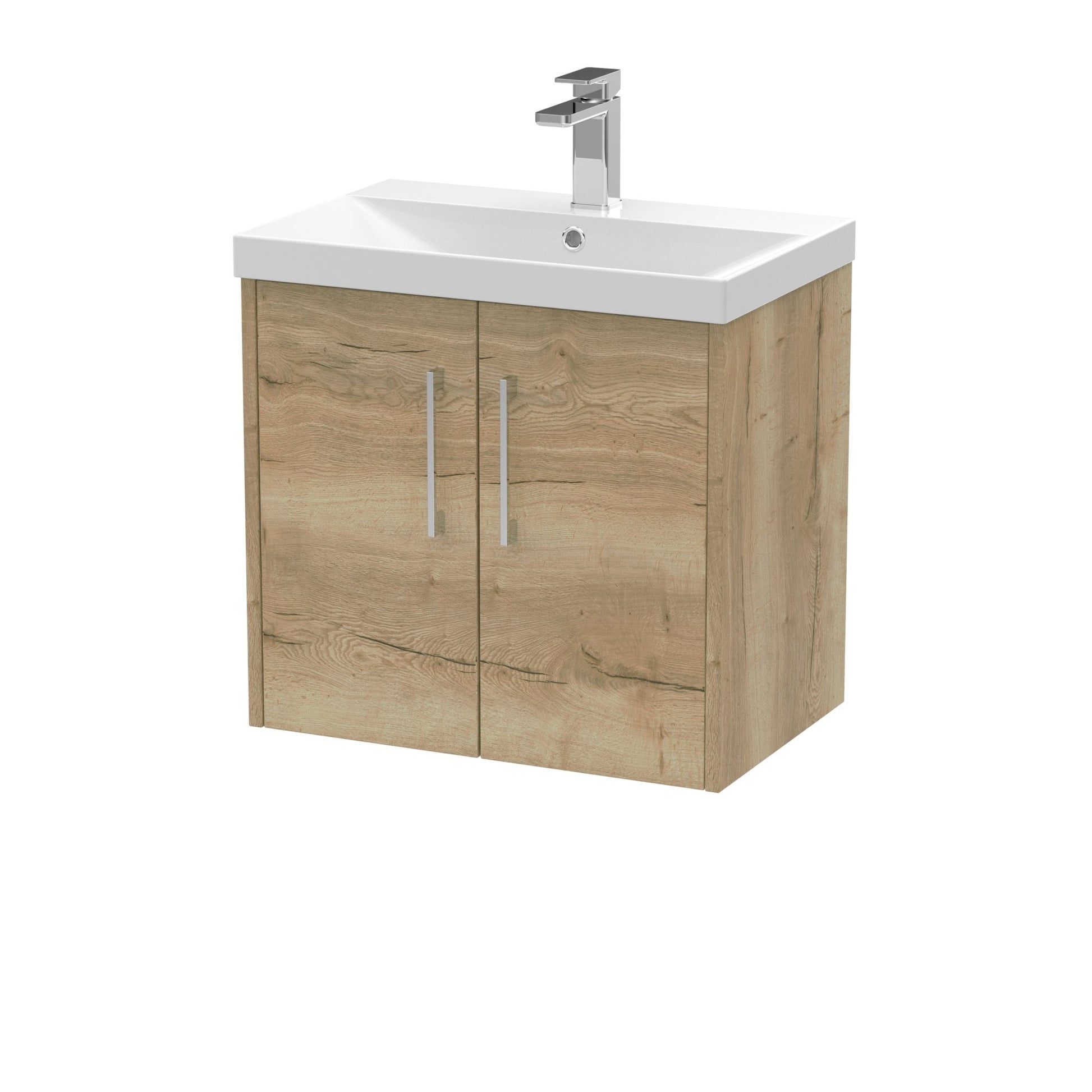 Hudson Reed Juno 600mm Wall Hung 2 Door Vanity & Basin 3 Contemp Autumn Oak MFC Textured Woodgrain 589x600x395mm - JJ Building Materials