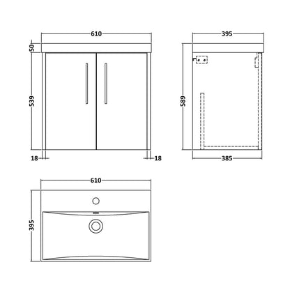 Hudson Reed Juno 600mm Wall Hung 2 Door Vanity & Basin 3 Contemp Coastal Grey MFC Smooth Matt 589x600x395mm - JJ Building Materials