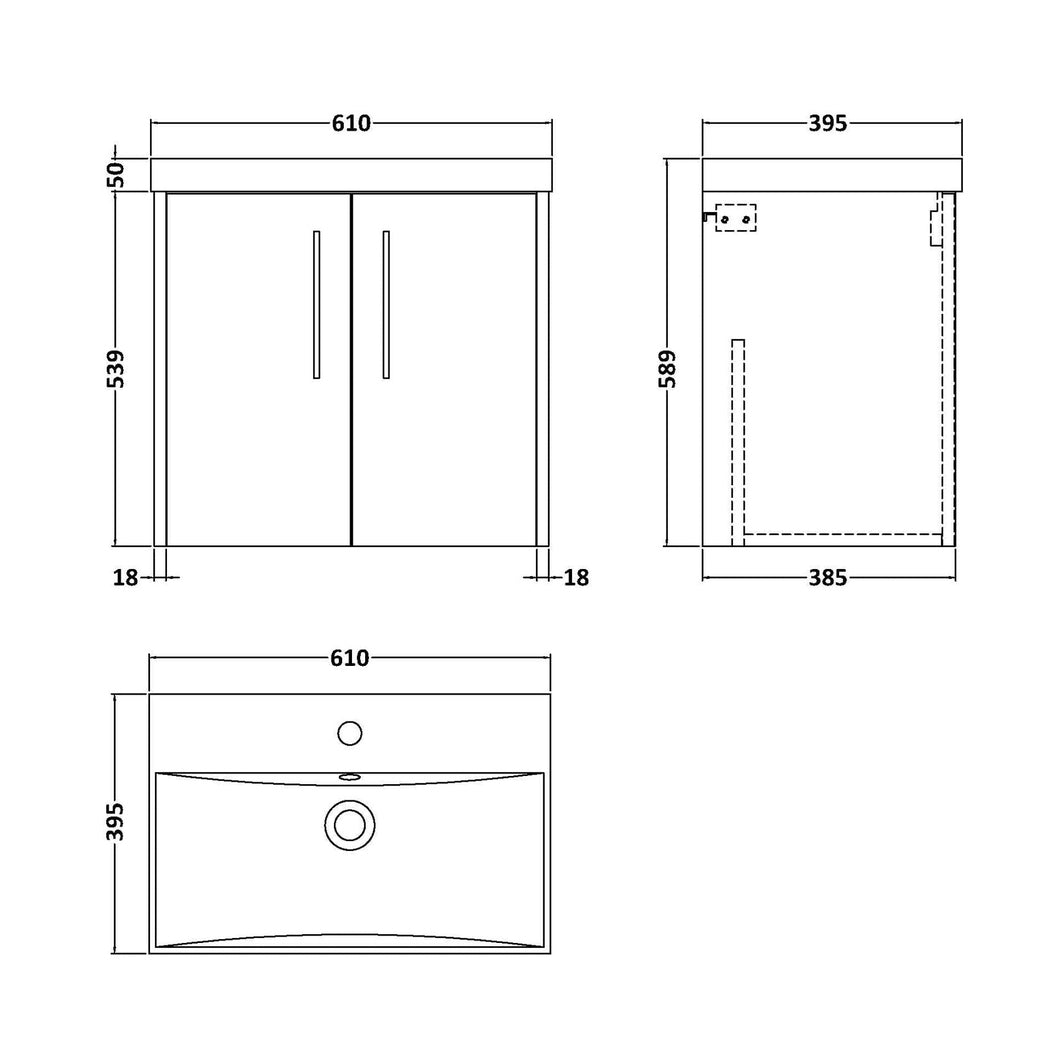 Hudson Reed Juno 600mm Wall Hung 2 Door Vanity & Basin 3 Contemp Graphite Grey Woodgrain MFC Textured Woodgrain 589x600x395mm - JJ Building Materials
