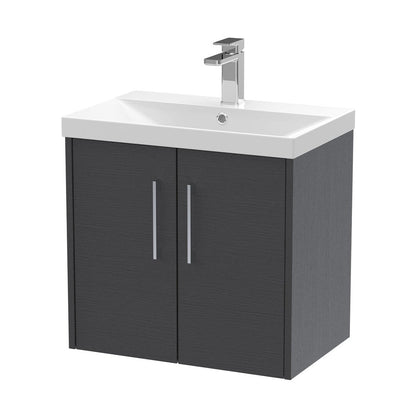 Hudson Reed Juno 600mm Wall Hung 2 Door Vanity & Basin 3 Contemp Graphite Grey Woodgrain MFC Textured Woodgrain 589x600x395mm - JJ Building Materials