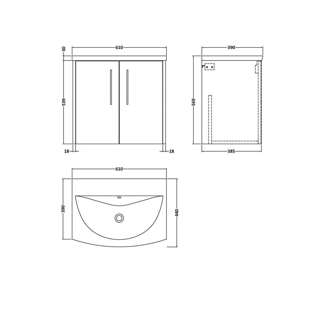 Hudson Reed Juno 600mm Wall Hung 2 Door Vanity & Basin 4 Contemp Graphite Grey Woodgrain MFC Textured Woodgrain 569x610x440mm - JJ Building Materials