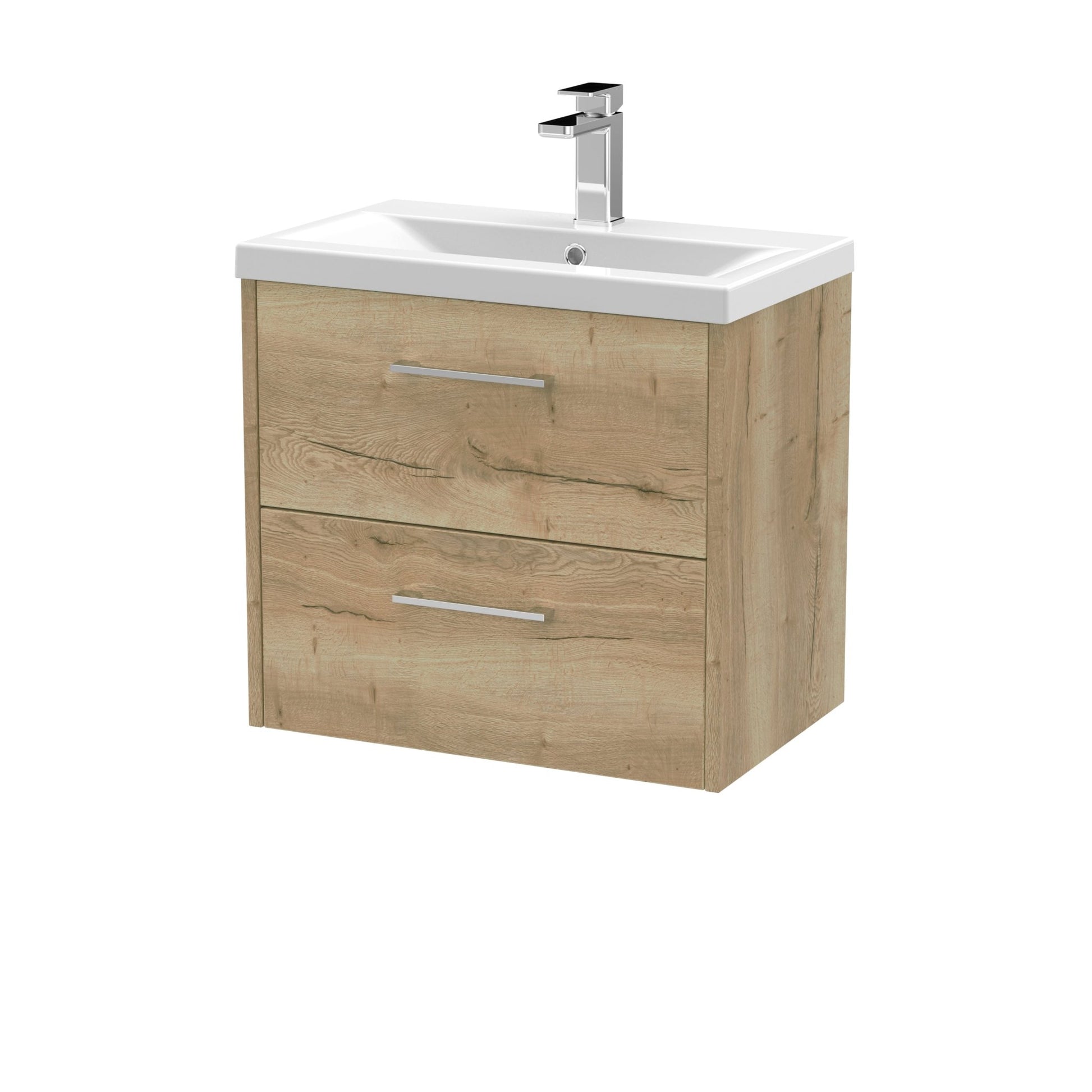 Hudson Reed Juno 600mm Wall Hung 2 Drawer Vanity & Basin 1 Contemp Autumn Oak MFC Textured Woodgrain 579x600x390mm - JJ Building Materials