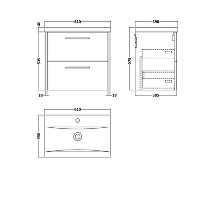 Hudson Reed Juno 600mm Wall Hung 2 Drawer Vanity & Basin 1 Contemp Autumn Oak MFC Textured Woodgrain 579x600x390mm - JJ Building Materials