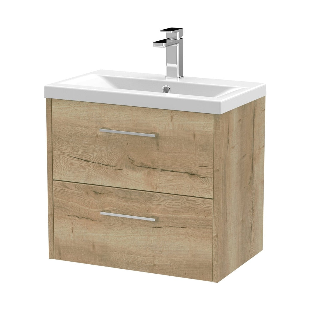 Hudson Reed Juno 600mm Wall Hung 2 Drawer Vanity & Basin 1 Contemp Autumn Oak MFC Textured Woodgrain 579x600x390mm - JJ Building Materials