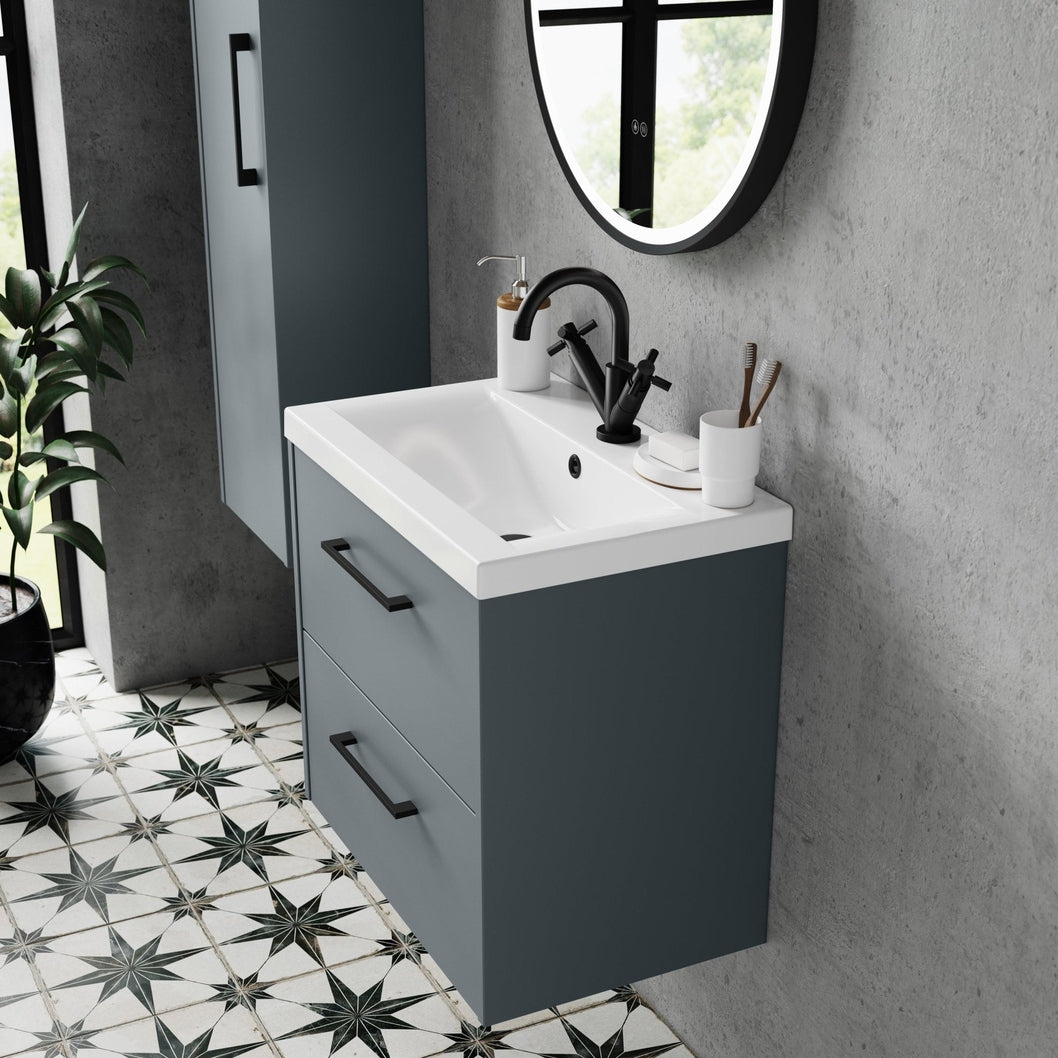 Hudson Reed Juno 600mm Wall Hung 2 Drawer Vanity & Basin 1 Contemp Coastal Grey MFC Smooth Matt 579x600x390mm - JJ Building Materials