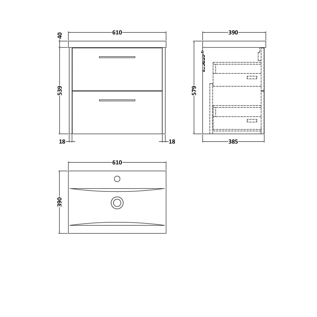 Hudson Reed Juno 600mm Wall Hung 2 Drawer Vanity & Basin 1 Contemp Metallic Slate MFC Textured Matt 579x610x390mm - JJ Building Materials