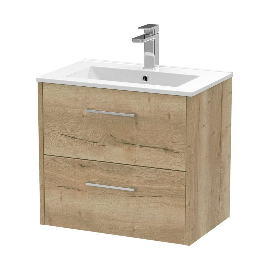 Hudson Reed Juno 600mm Wall Hung 2 Drawer Vanity & Basin 2 Contemp Autumn Oak MFC Textured Woodgrain 554x600x390mm - JJ Building Materials