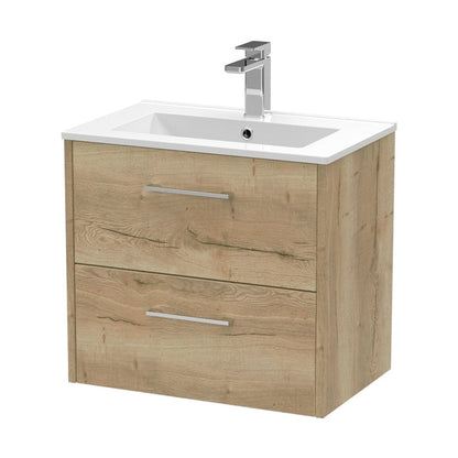 Hudson Reed Juno 600mm Wall Hung 2 Drawer Vanity & Basin 2 Contemp Autumn Oak MFC Textured Woodgrain 554x600x390mm - JJ Building Materials