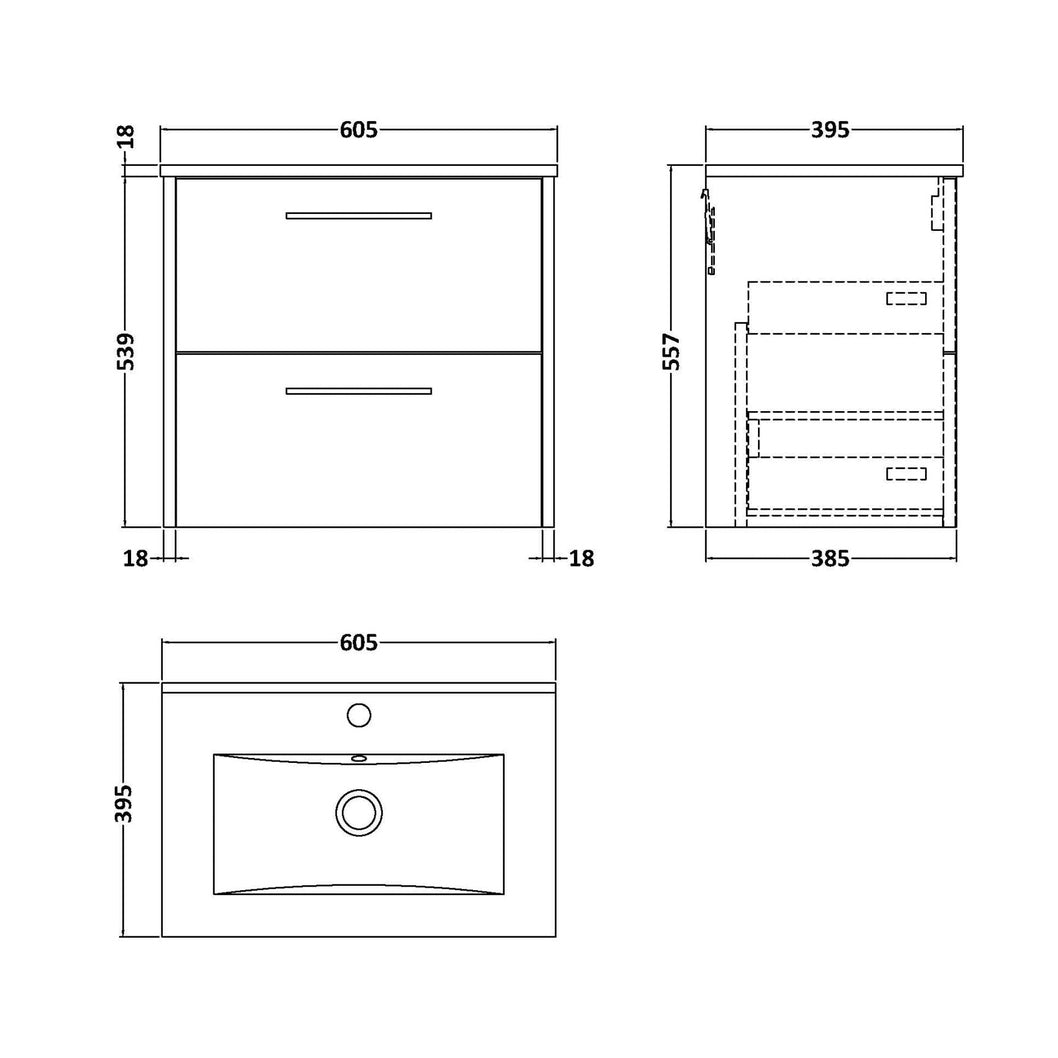 Hudson Reed Juno 600mm Wall Hung 2 Drawer Vanity & Basin 2 Contemp Autumn Oak MFC Textured Woodgrain 554x600x390mm - JJ Building Materials