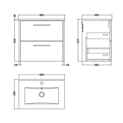 Hudson Reed Juno 600mm Wall Hung 2 Drawer Vanity & Basin 2 Contemp Coastal Grey MFC Smooth Matt 554x600x390mm - JJ Building Materials